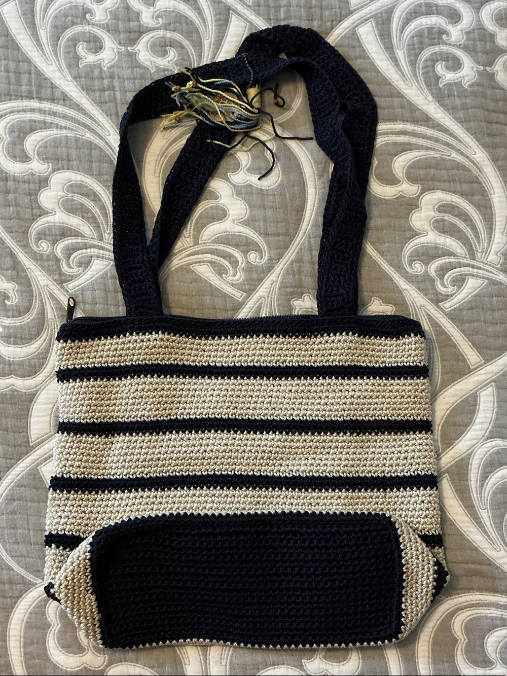 The Sak Navy & Cream Striped Crochet Tote